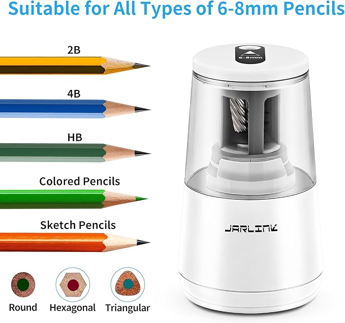 JARLINK Electric Pencil Sharpener, Heavy-Duty Helical Blade to Fast Sharpen, Auto Stop for No.2/Colored Pencils(6-8mm), USB/Battery Operated in School Classroom/Office/Home (White)