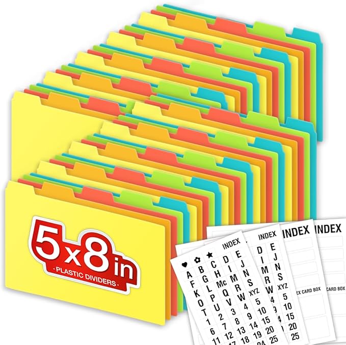 Chell 5x8 Plastic Index Card Dividers, Heavyweight Poly Index Card Guides A-Z for Flash Cards and Recipe Cards, with Alphabetical/Blank Stickers, Pack of 50