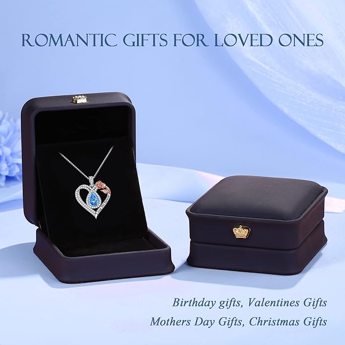 Hidepoo Christmas Gifts for Women Mom Wife - Sterling Silver Rose Heart Birthstone Necklace I Love You Forever Heart Pendant Teardrop Necklace Jewelry Anniversary Valentines Christmas Birthday Gifts