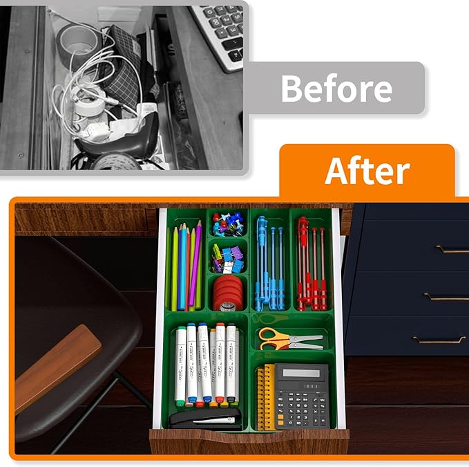 7 Pcs Plastic Drawer Organizer Set,4 Size Small Storage Containers for Organizing Jewelry,Utensil,Junk,Tea,Makeup,Shallow Drawer Organizers Tray Suitable for Office,Desk,Bathroom,Vanity,Kitchen,Green