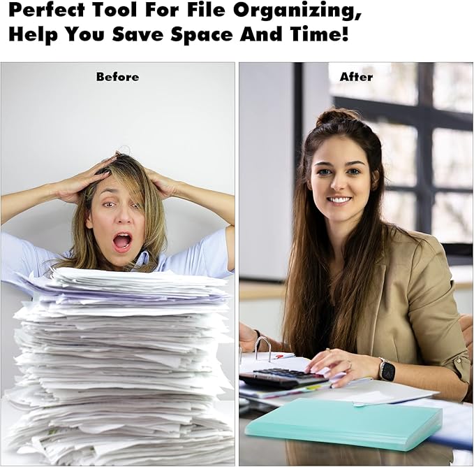 2 PCS Expanding File Folder A4,13 Pockets File Organiser with Colored Tags, Paperwork A4 Plastic Wallet Document Storage Expander for School,Office and Home, Light Green