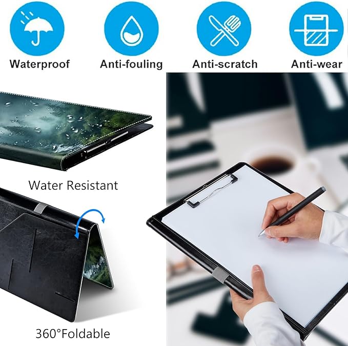 Forest in Rain PU Leather Padfolio Clipboard Notepad with Pen Loop and Elastic Strap Interview/Resume Document Organizer for Business School Office