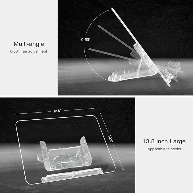 Acrylic Book Stand, UPERGO Angle Adjustable Book Display Stand,Foldable Cookbook Stand, Lightweight Book Holder for Magazines, Laptop, Recipe, Textbook