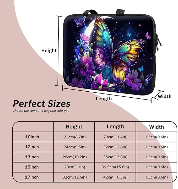 Laptop Sleeve Case Bag 13 inch, Color Moon Butterfly Slim Carrying Case Durable Handbag Travel Laptop Bag for 13 inch MacBook Air M3/M2/Pro M2/ 13" iPad Pro/Air M4/M2 2024