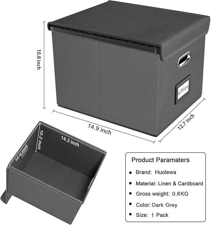 Collapsible File Storage Organizer Boxes with Lids, Linen Office Document Storage Box, Filing Box, Decorative Small File Box for Hanging File, Single File Box with Plastic Slide for Office/Decor/Home