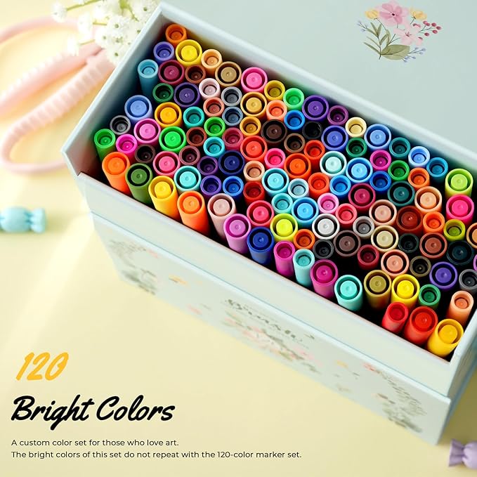 Ohuhu Markers for Adult Coloring Books No Bleeding 120 Colors Coloring Markers Water-based Dual Tips Fineliner & Brush Drawing Pens Art Markers for Kids Adults Sketch Journal - Maui - White