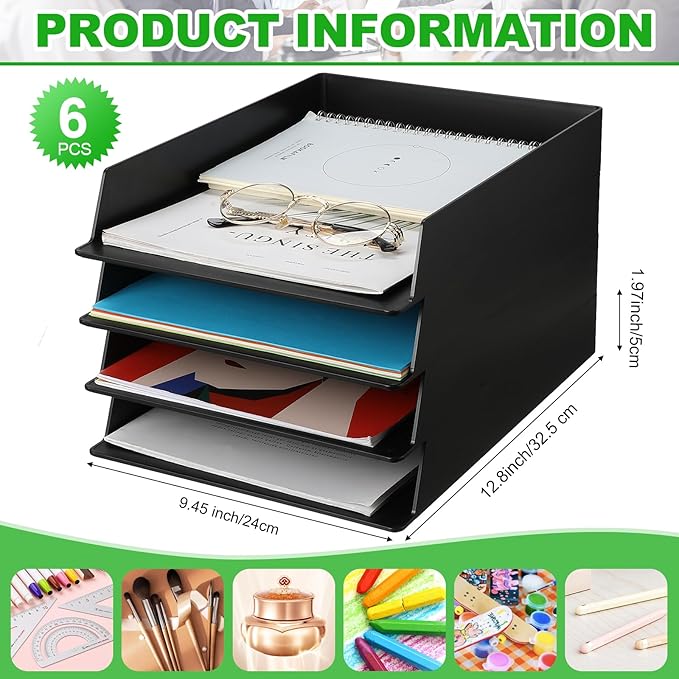 Wenqik 6 Pcs Stackable Paper Trays Rectangular Plastic Desk Tray Holder Desktop Document File Paper Organizer Plastic Storage Letter Tray for Office Classroom, Black