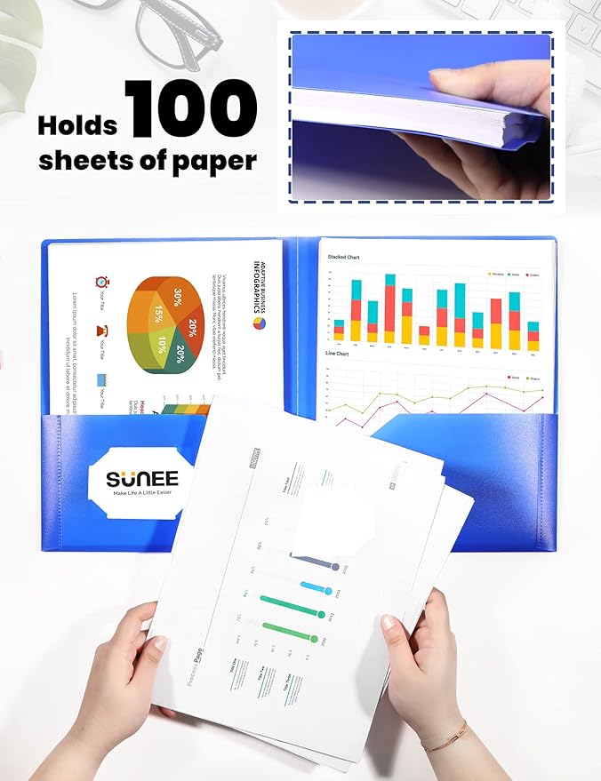 SUNEE 2 Pocket Folder (12 Pack, Assorted Colors) Heavy Duty Plastic Folders with Pockets Fit Letter-Size Papers, Two-Pocket Poly Folders Bulk for School, College, Office
