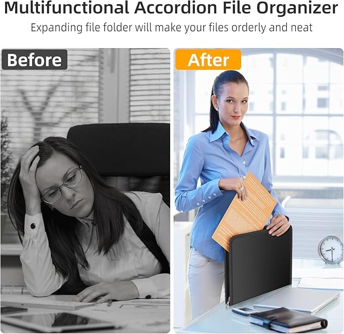 Fireproof Accordion File Organizer, Portable Expanding File Folder with Waterproof Zipper&Labels, Jet Black Document Organizer with 13 Pockets, File Organizer for Important Document/Paper Storage