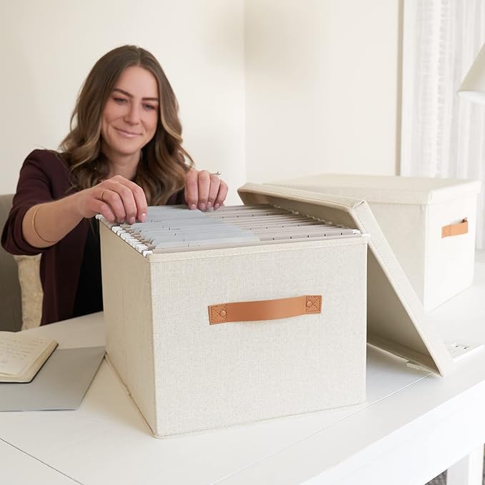 ZICOTO Decorative File Organizer Box Set of 2 - Collapsible Linen Filing Cabinets w/Handles Are Perfect to Store all Your Documents & Hanging File Folders - Portable Easy Slide Crates with Lid
