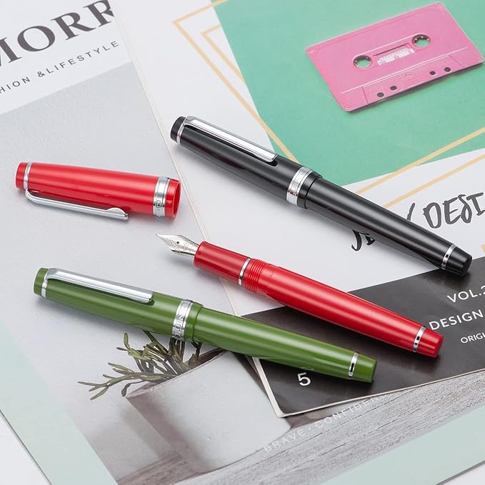 Jinhao 82 Avocado Green Acrylic Fountain Pen, Iridium Fine Nib Classic Design Smooth Writing Pen with Ink Converter (Silver Trim)