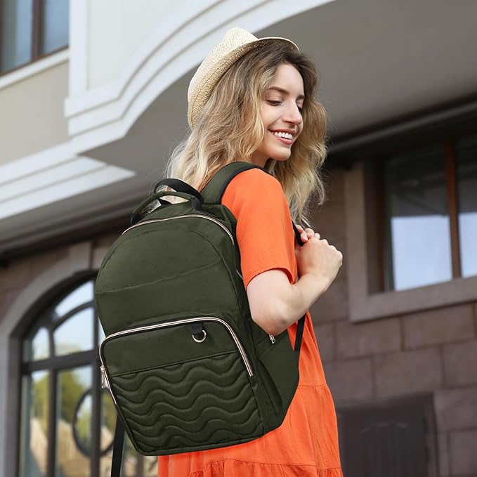 Travel Laptop Backpack for women, Work Backpack Woman with USB Charging Port, Water Resistant College Backpack, Stylish Quilted Girls Backpack Casual Daypack for 15.6 Inch Laptop, Green