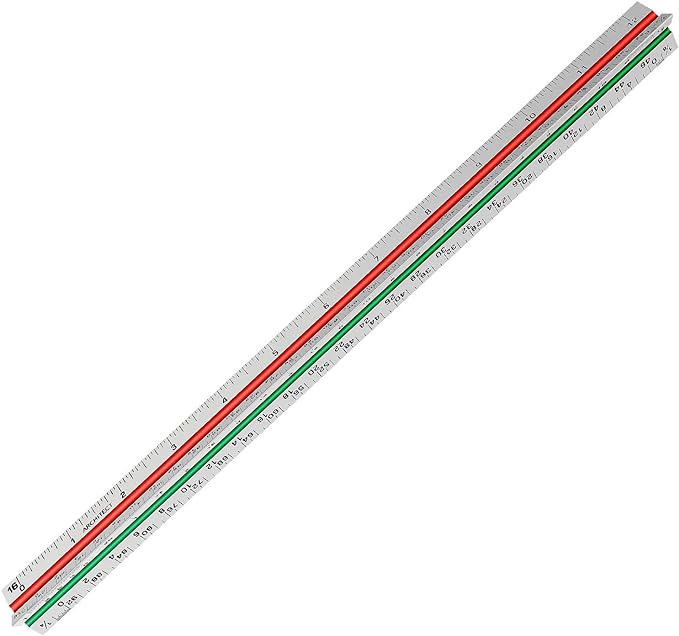 12" Architectural Scale Ruler Aluminum Architect Scale Triangular Scale Ruler for Architects, Draftsman, Students and Engineers, Color-Coded (1 Pack)