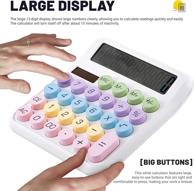 Golcellia Calculators Desktop, White Mechanical Calculator, Cute Calculator 12 Digit Desk Basic Calculator Large Display, Dual Power Solar Battery, Office Home School Supplies for Adults & Students