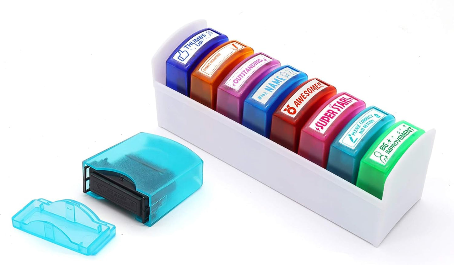 RELIANCER 8PCS Teacher Stamp Set,Colorful Self-Inking Motivational Classroom Stamper for Grading,Encouraging Rating Stamp Student,Parent Signature Stamps for Homework,School Homeschool Reward Supplies