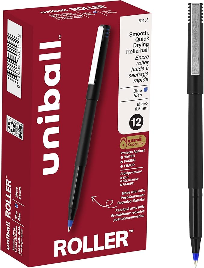 uni Roller Ball Stick Pens, 0.5 mm Micro Tip, Blue, Pack of 12