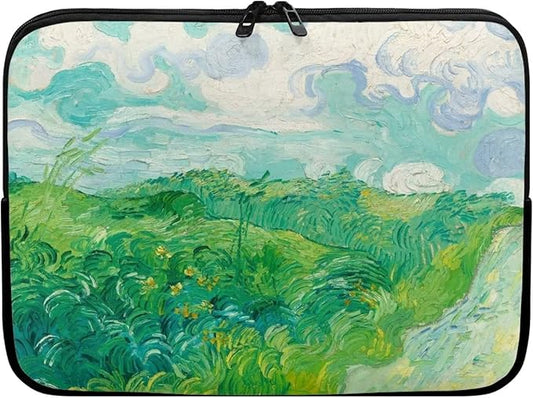 Green Wheat Fields Laptop Sleeve Case for Women Men Trendy Van Gogh Painting Laptop Protector with Multiple Uses Made of Premium Neoprene Material 15 Inch Tablet Bag for Friends