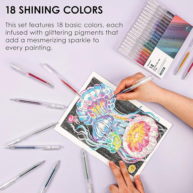 Grabie glitter gel pens 18 Colors,Metallic Vibrant Sparkle gel pens for coloring,Retractable Sparkle glitter markers,glitter pens for adults,colored gel pens for Adult Coloring Books and Drawing