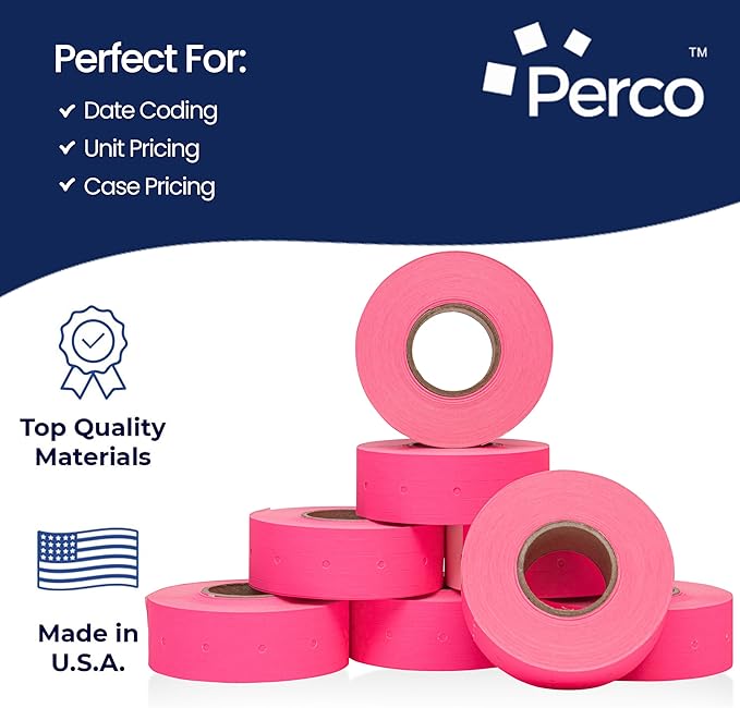Perco 2 Line Fluorescent Pink Labels - 80 Rolls, 10 Sleeves, 80,000 Blank Price and Date Gun Labels for Perco 2 Line Price and Date Guns - Made in USA