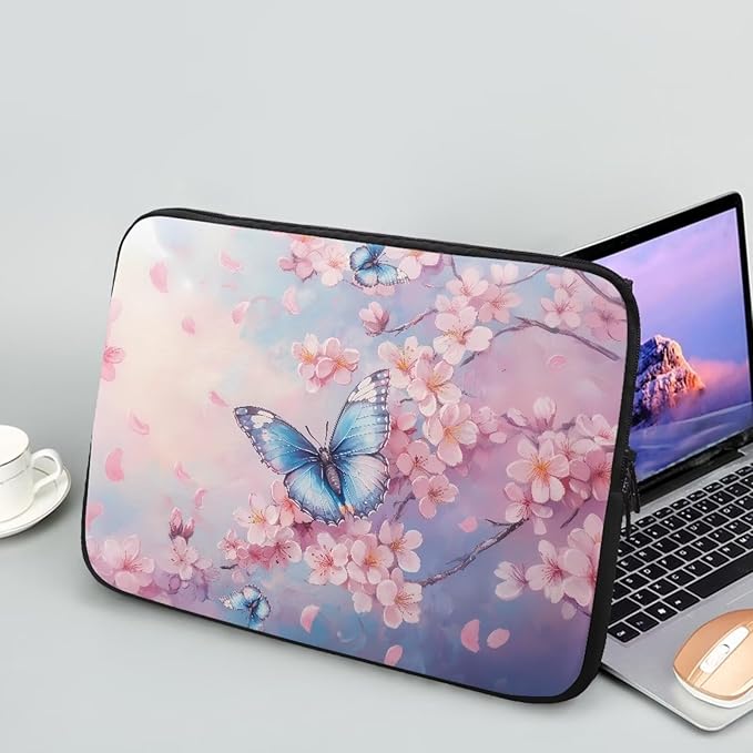 Butterfly Print Laptop Bag for Girls, 10 Inch Peach Blossom Laptop Sleeve Soft Laptop Case Bag for Girls, Waterproof Laptop Briefcase Computer Bag with Zipper