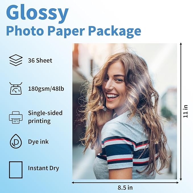 Glossy Photo Paper 8.5 x 11, 36 Sheets Inkjet Photo Printer Paper, Instant Dry Picture Paper for DIY Chip Bag, Flyers, Cards, Calendars and Brochures(180gsm/48lb)