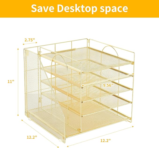 Desk Organizers and Accessories, 5-Tier Paper Letter Tray Organizer with File Holder, Desktop Organizer for Office Supplies, Office Desk Accessories & Workspace (Gold)
