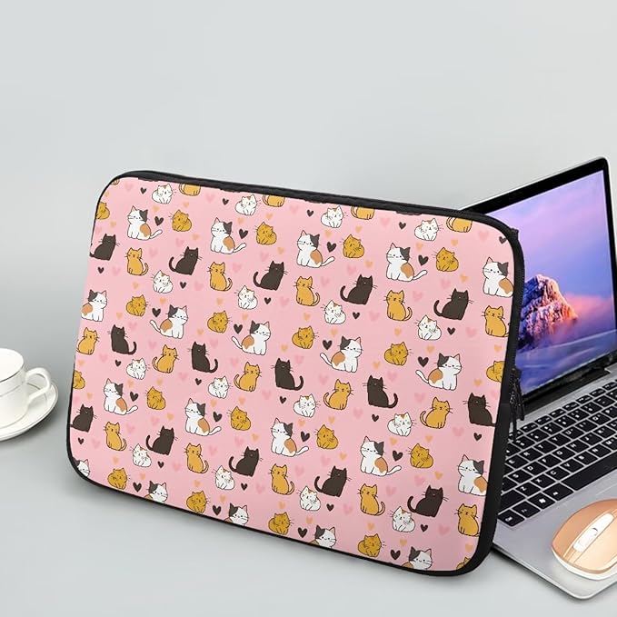 Cat Print Laptop Briefcases for Men Women, Heart Pattern Laptop Sleeve Case Water Resistant Neoprene Computer Carrying Cover 17 Inch Laptop Carrying Bag