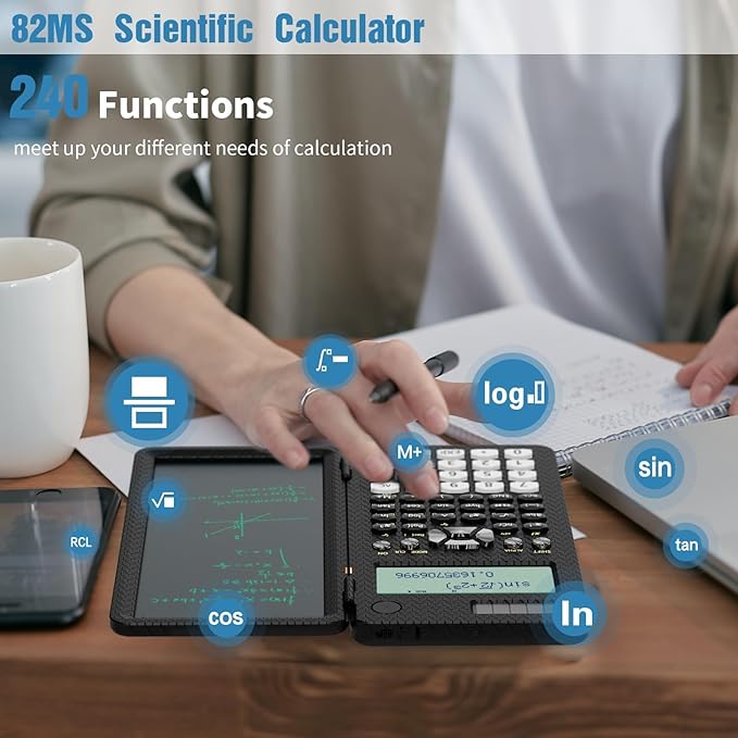 Scientific Calculator for School with Notepad, ROATEE Middle and High School Supplies for Students, 82 MS Foldable 2-Line Display Science Calculator with Writing Tablet, Solar and Battery Powered