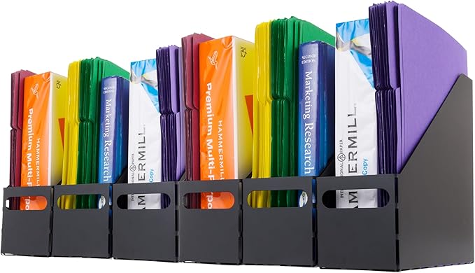 IRIS USA Metal Magazine File Holders, 6 Pack, for Letter/Legal File, Durable Vertical Desktop File Paper Organizer, File Storage Box Stand Rack for Document Notebook Binder Home Work Office, Black