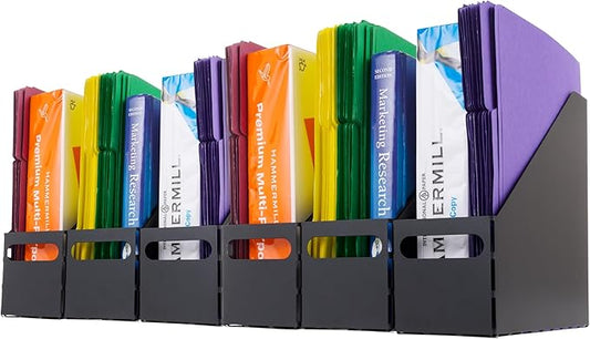 IRIS USA Metal Magazine File Holders, 6 Pack, for Letter/Legal File, Durable Vertical Desktop File Paper Organizer, File Storage Box Stand Rack for Document Notebook Binder Home Work Office, Black