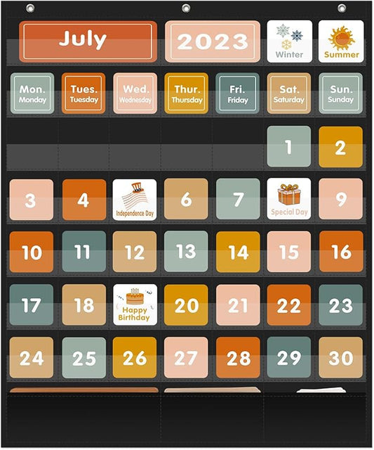 REGELETO Boho 46+3 Pockets Calendar Pocket Chart with 92 Cards for Classroom,Large Size: 28.75 x 24 inch Black Monthly Calendar and Weather Pocket Chart for Kids Learning for Home or Kindergarten