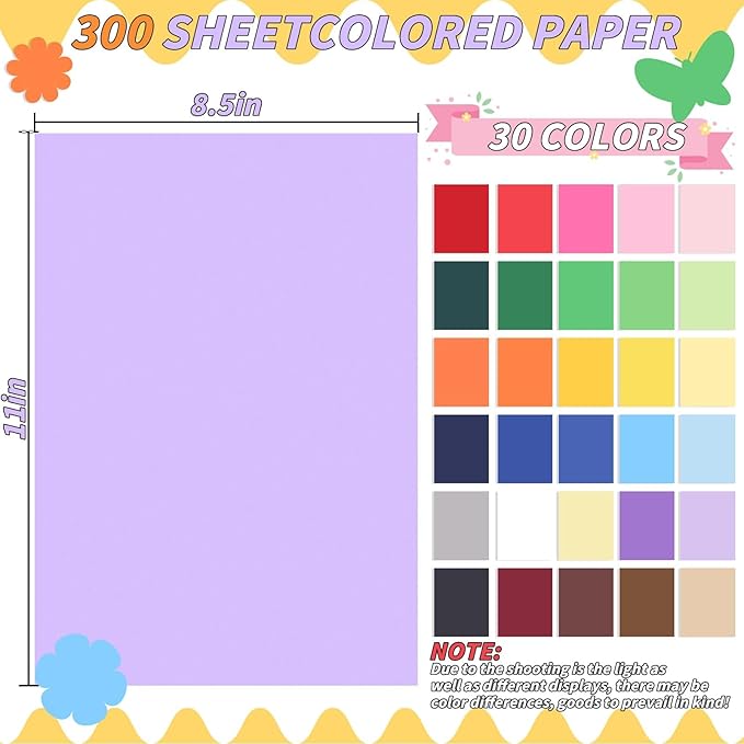 Colored Cardstock Bulk 300 sheets, 8.5” x 11” Cardstock Paper 30 Assorted Colors Construction Paper,250 GSM Card Stock Printer Paper Scrapbooking Supplies for Diy Crafts Cricut Card Making