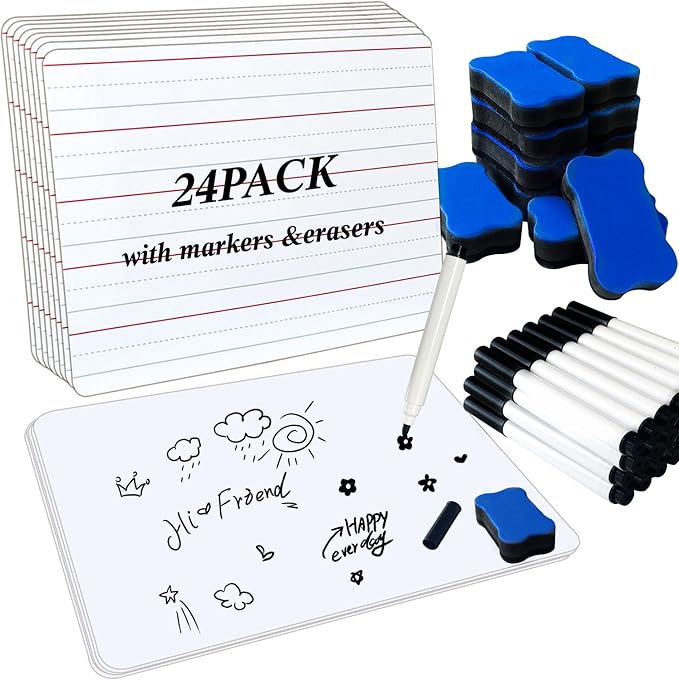 24 Pack Dry Erase Boards, 9"x12" Double Sided Whiteboards Small Whiteboards with Lines for Students, Kids, Teacher Classroom, Mini Portable White Boards with 24 Makers, 24 Erasers