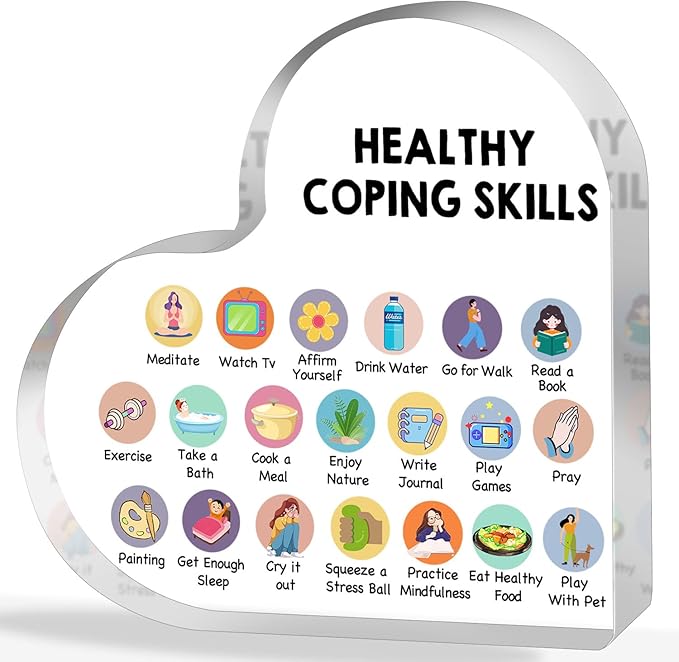 Therapy Office Decor, Mental Health Healthy Coping Anxiety Skills Decorations for Classroom School Counseling Therapist Social Worker Educational Acrylic Heart Art Decor