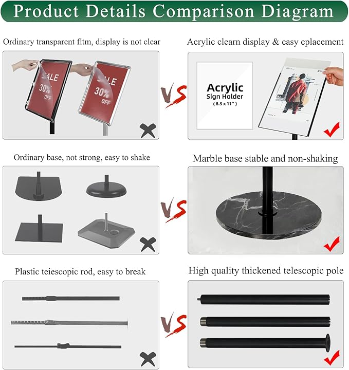 Adjustable Sign Holder 11 x 17, Floor Standing Sign Holder with Heavy Duty Marble Pedestal, Both Vertical & Horizontal View Sign Displayed Poster Stand for Store Business Show（Round）