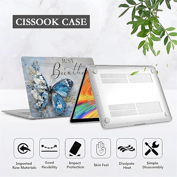 Compatible with MacBook Pro 13.3 Inch Case 2024 2023 2022-2016 Release Model M1 M2 A1706/A1708/A1989/A2159/A2289/A2251/A2338, Blue Flower Butterfly Hard Plastic Shell Cover Case