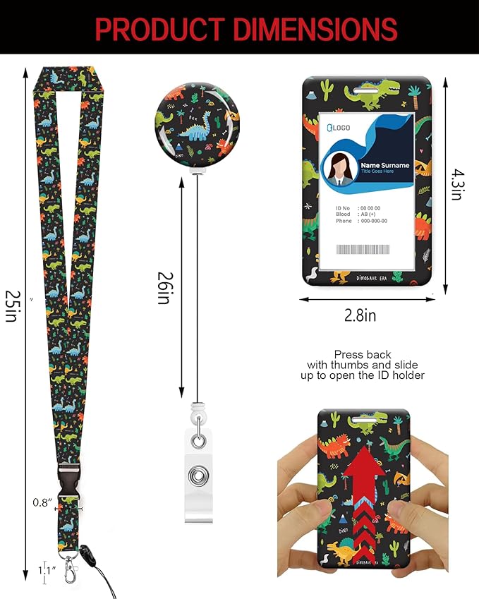 ID Badge Holder with Retractable Lanyard and Keychain, Badge Reel with Rotate Carabiner Clip,Cute Dinosaur Card Name Tag Lanyard ID Protector Bage Clips for Student, Women, Office