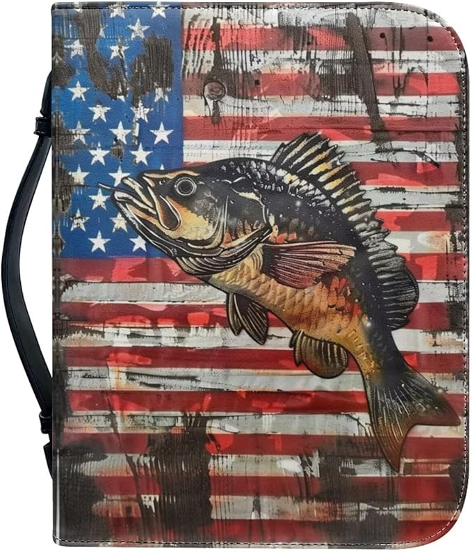Lotusorchid Bass Fish Print Bible Cover Case, Zippered Bible Carrying Case for Women Girls, American Flag Bible Tote Bag Sturdy Bible Book Cover for Bible Study, Christian Bible Accessories, 2XL