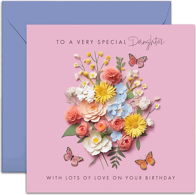 Old English Co. Special Daughter Birthday Card for Her - Pink Flower Butterfly Artwork Birthday Card for Daughter from Mum Dad - Cute Daughter Birthday Card | Not 3D Card