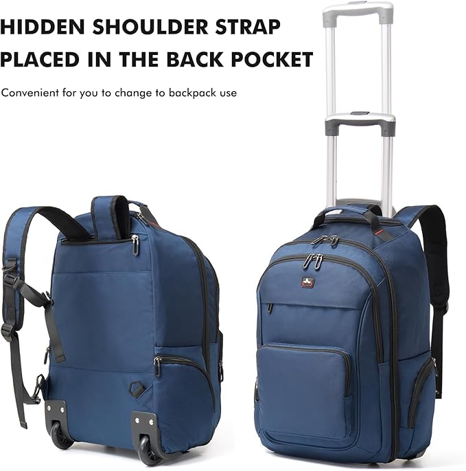 Rolling Backpack for Adults, 15.6 inch Laptop Wheeled Backpack, Travel Backpack with Wheels, Carry on Luggage Business Trolley Suitcase Computer Bag Men Women Blue