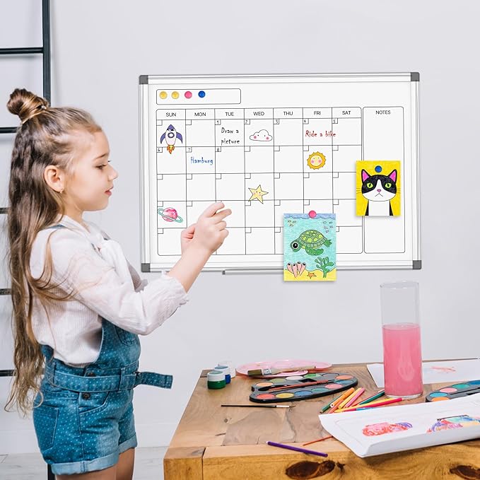 Monthly Calendar Dry Erase Whiteboard for Wall, 36" x 24" Double-Sided Calendar White Board, Magnetic Portable Board for Office, Kitchen, School, Home