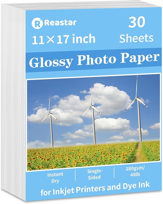 Glossy Photo Paper 11×17inches, 30 Sheets Inkjet Photo Printer Paper, Instant Dry Picture Paper for DIY Chip Bag, Flyers, Cards, Calendars and Brochures(180gsm/48lb)