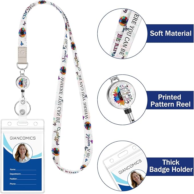 Giancomics Be Kind Lanyards for Id Badges, Cute Floral ID Badge Holder with Retractable Reel, Waterproof Lanyards for Cruise Ships Cards Key Work Name Tag Zip Card Holder Protector 2 Pack