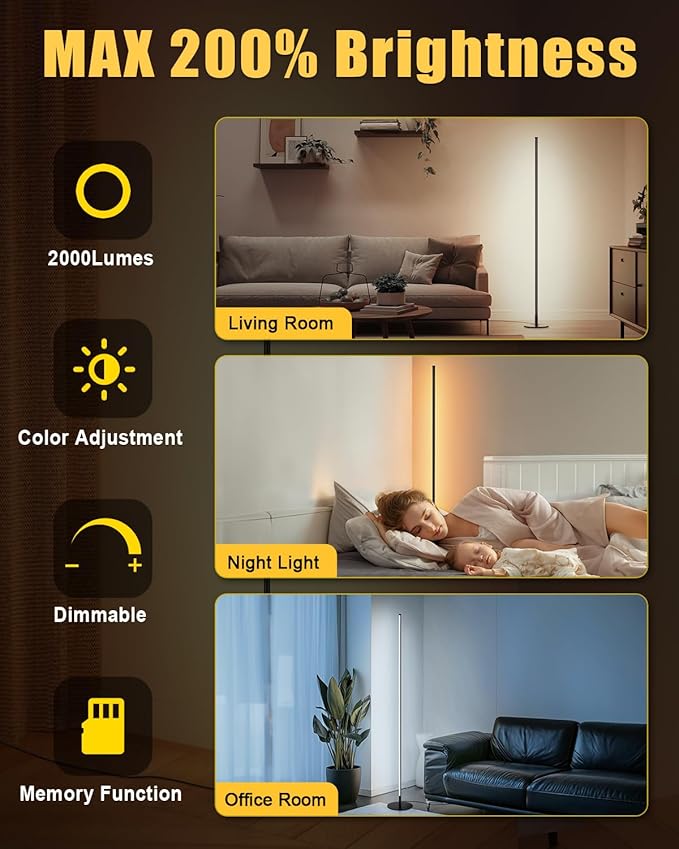 unionlux Corner Floor Lamp, Minimalist LED Corner Floor Lamp All Metal 24W Dimmable 200% Brighter Adjustable2700K-6500K with Remote/Foot Control, Modern Corner Lamp for Living Room Bed Room
