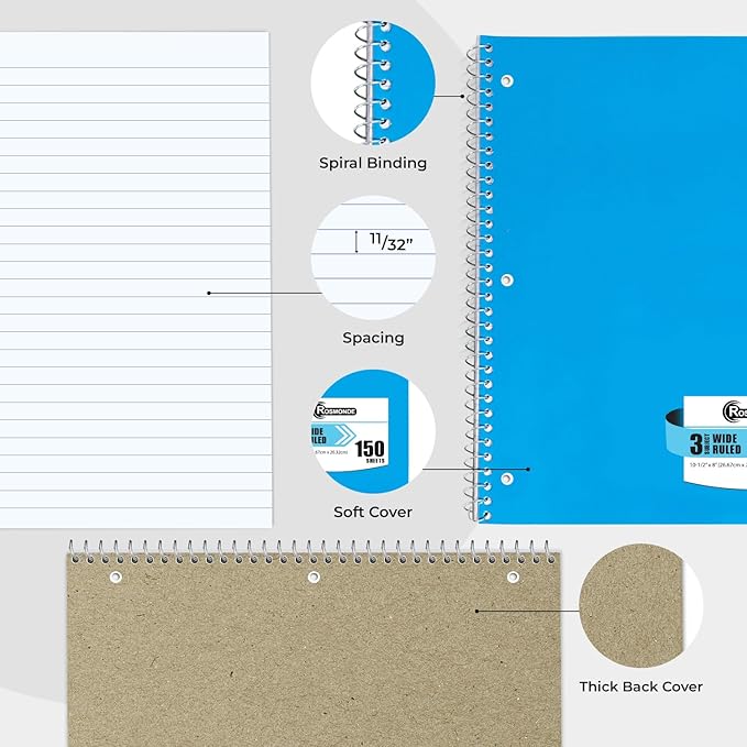 1440 Packs (Pallet) 3 Subject Notebooks, Spiral Notebook Bulk, Wide Ruled, Pallet of Notebooks, 150 Sheets (300 pages), 8 x 10-1/2",Bulk Spiral Notebooks for School & Office, 4-7 Days Transit