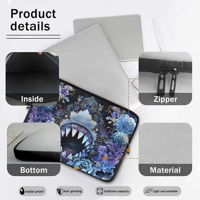 SharkPeony Printed Computer Bags for Laptops for Women Men, Shockproof 15 Inch Laptop Case Bag Washable Messenger Bag with Zipper, Laptop Case Computer Carrying Cover Easy to Carry
