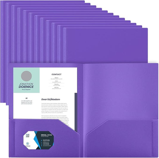Gueevin 24 Pcs Plastic Folders with Pockets, Two Pocket Folder Fit Letter Size, Heavy Duty School Business Card Holder for Home Office School Bussiness, 11.61 x 9.45 Inches (Purple)