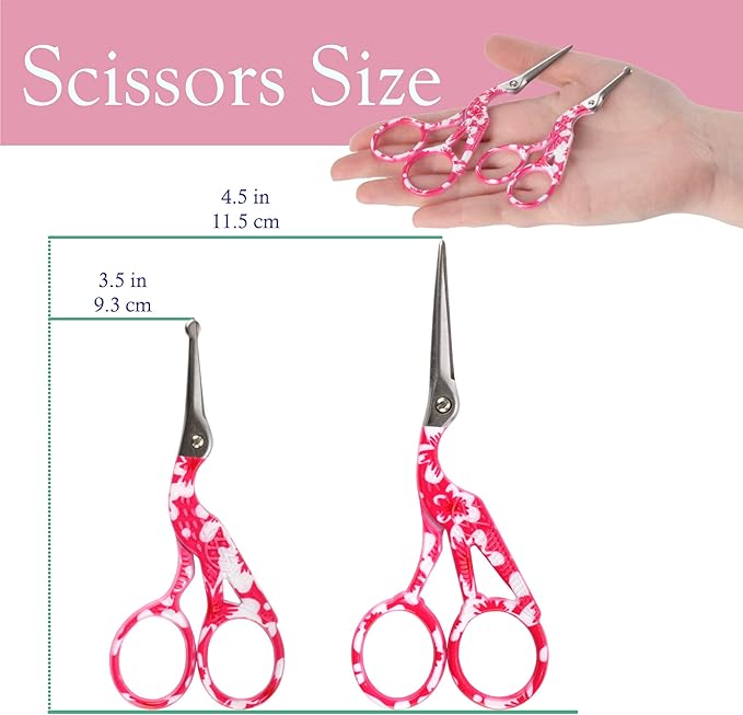 Stork Bird Rounded Safety Tip Embroidery Craft Stainless Steel Crane Scissors - Red - 2 Pairs