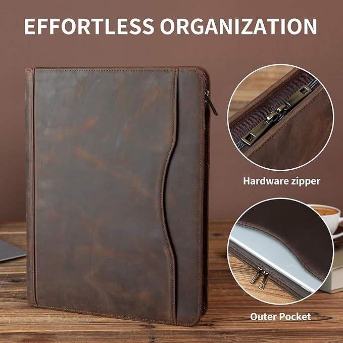 YIWEN Handmade Crazy-Horse Leather 3 Ring Binder Portfolio Padfolio Folder with Zipper for Men and Women, Business Organizer for Letter A4 Size for Meeting and Travel (Non-custom, Dark Khaki)