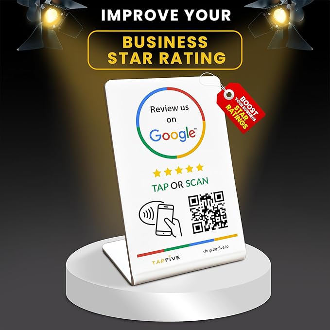 Tap Google Review Stands (5-Pack) by TapFive - Tap for Instant Reviews - All Phones Compatible - Reusable Smart Tap NFC & QR - Boost Business Reviews Zappy Fast - Powered by TapFive (White, 5 Stands)
